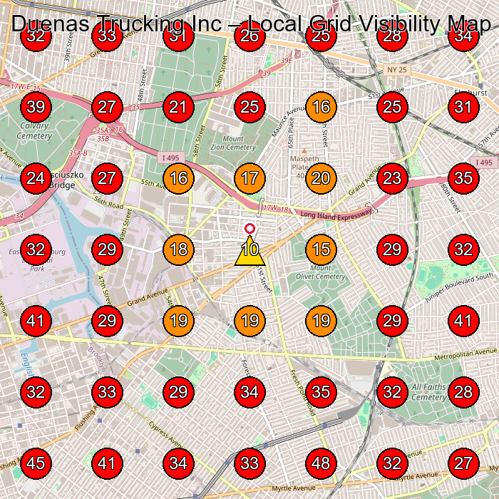 Duenas Trucking Inc GeoGrid visibility map for Customs Broker in Queens
